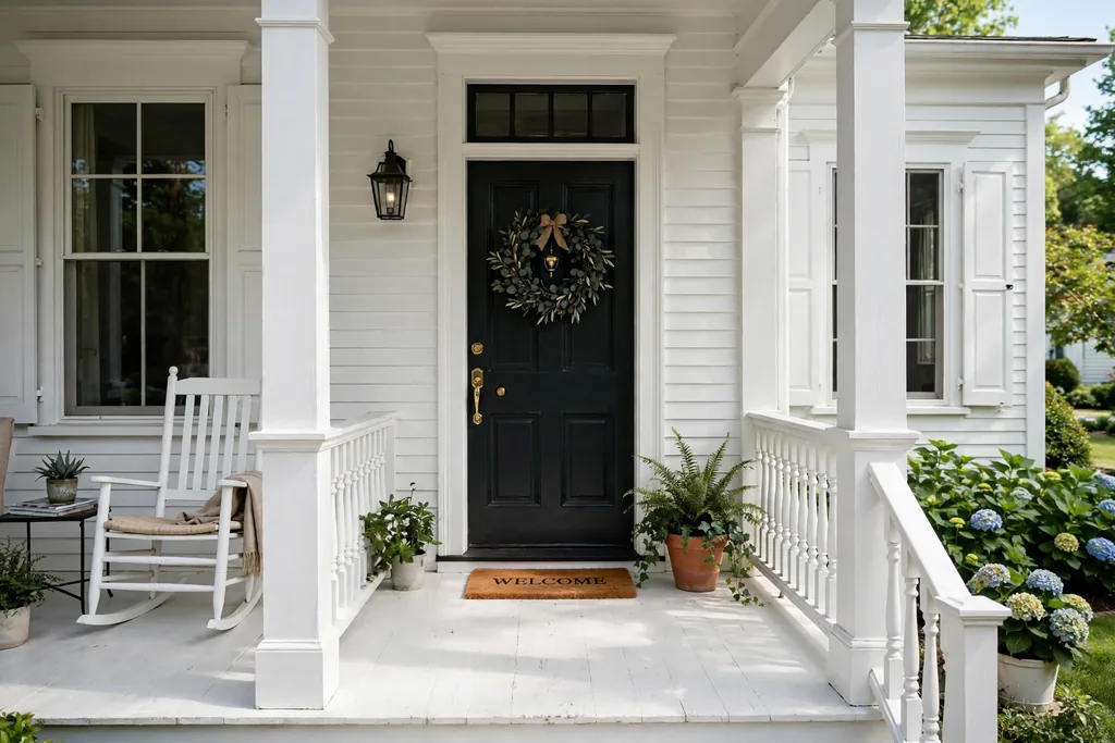 Front porch with a classic white painted wood floor, white trim, and a dark front door.
