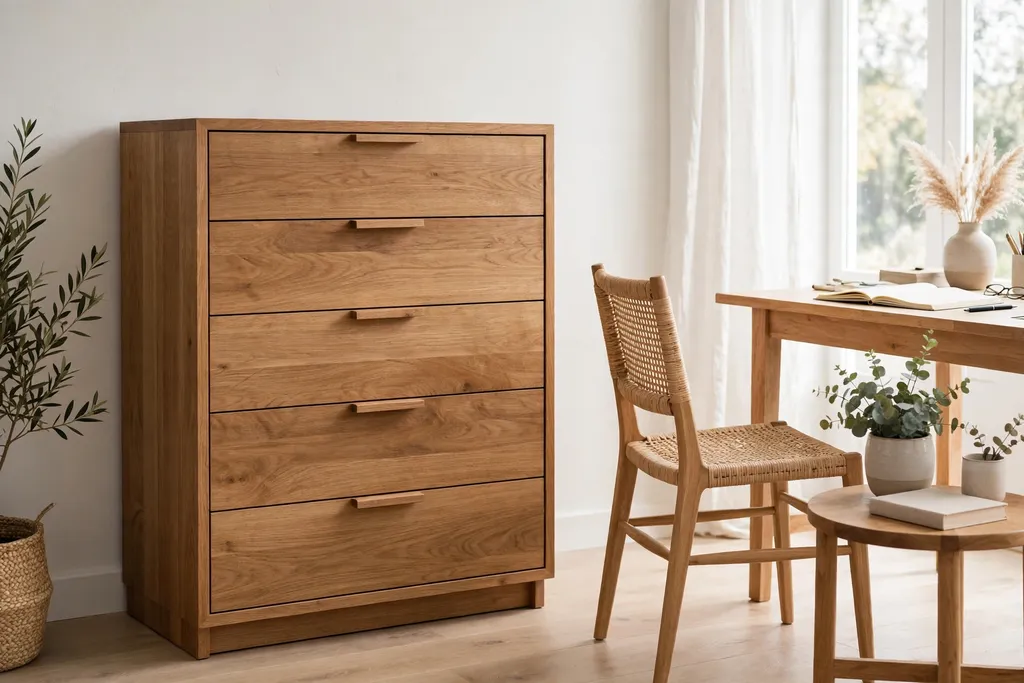 Solid wood dresser with simple lines in a bright work area beside a chair.