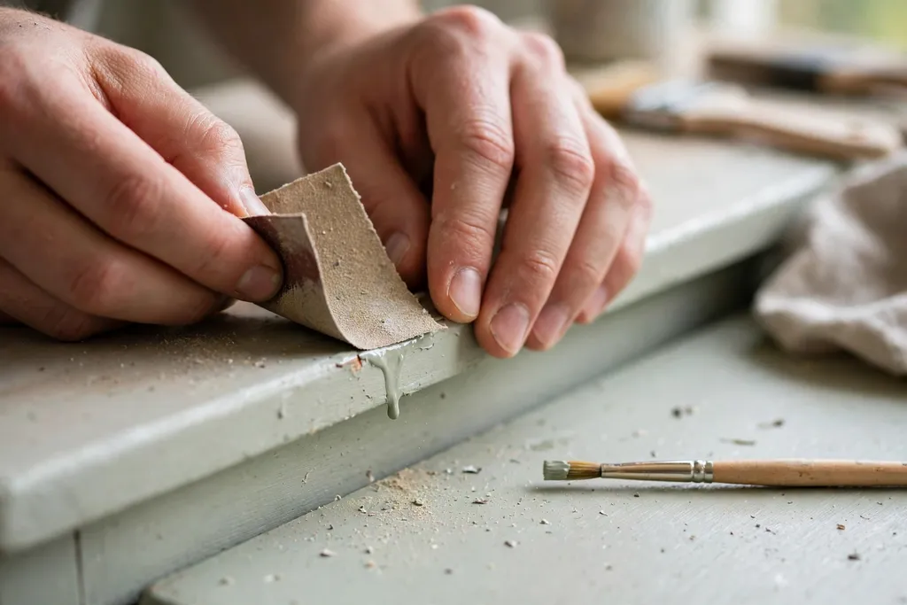 Hands sanding a small paint drip flat with fine sandpaper on a dresser edge.