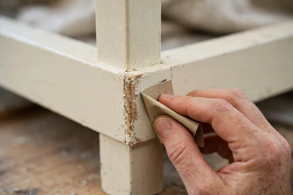 Hands distressing a painted dresser corner lightly with fine sandpaper.