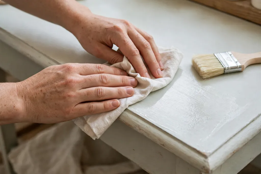 Hands applying a thin wax topcoat to a milk painted dresser top with a cloth.