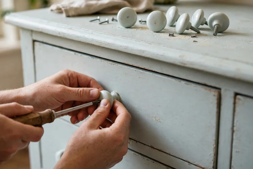 Hands reattaching a drawer knob to a finished milk painted dresser.