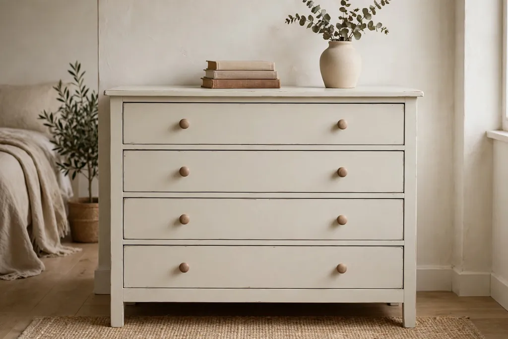 Finished milk painted dresser styled simply in a bedroom with books and a vase on top.