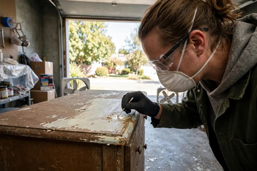 Person in eye protection, dust mask, and gloves testing old paint on a wooden dresser in a ventilated garage.