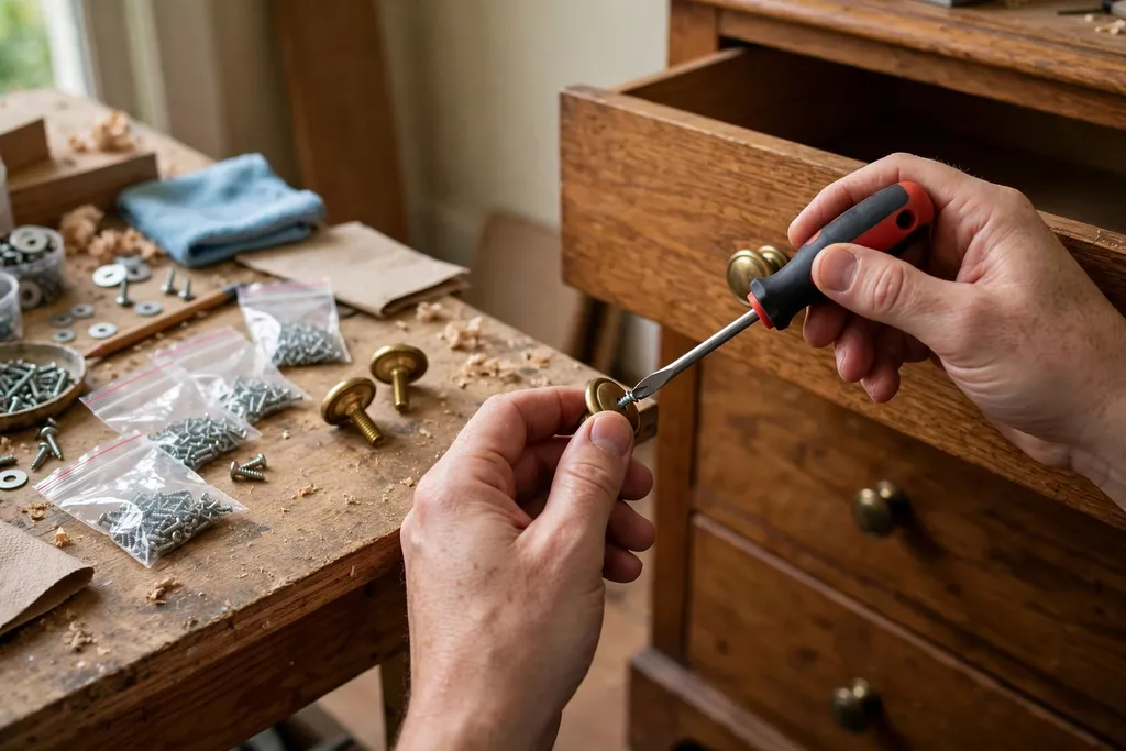 Hands removing a drawer knob with a screwdriver beside labeled bags of screws.