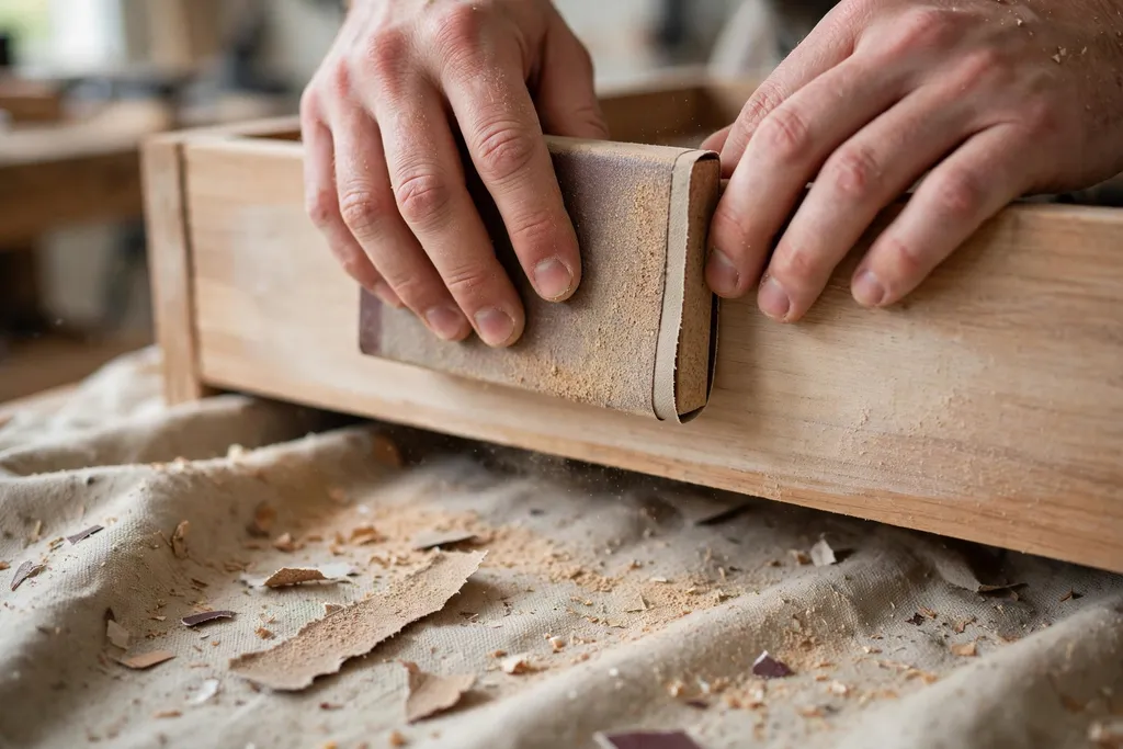 Hands sanding a wooden dresser drawer front lightly with a sanding block.