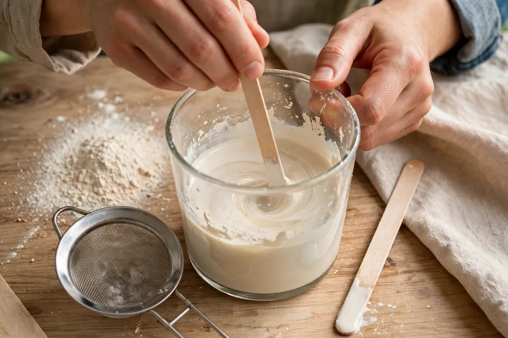 Hands stirring milk paint powder and water in a container to a thin cream.