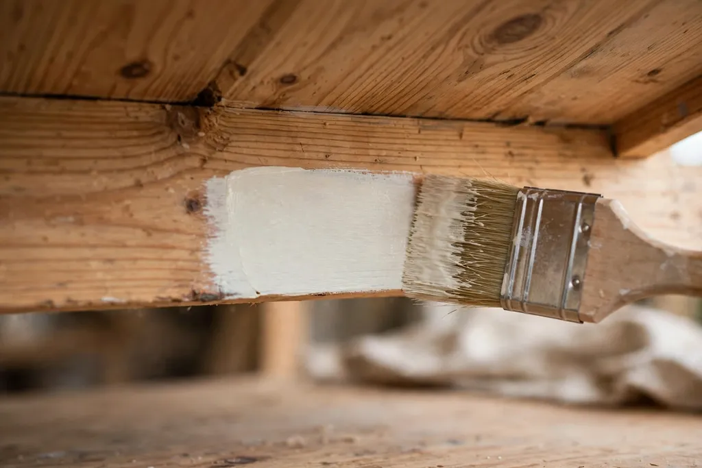 Brush testing milk paint on the underside of a wooden furniture rail.