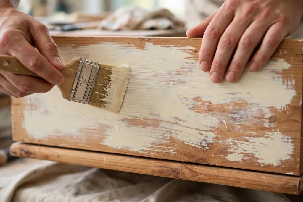 Hands brushing a thin first coat of cream milk paint onto a dresser drawer front.