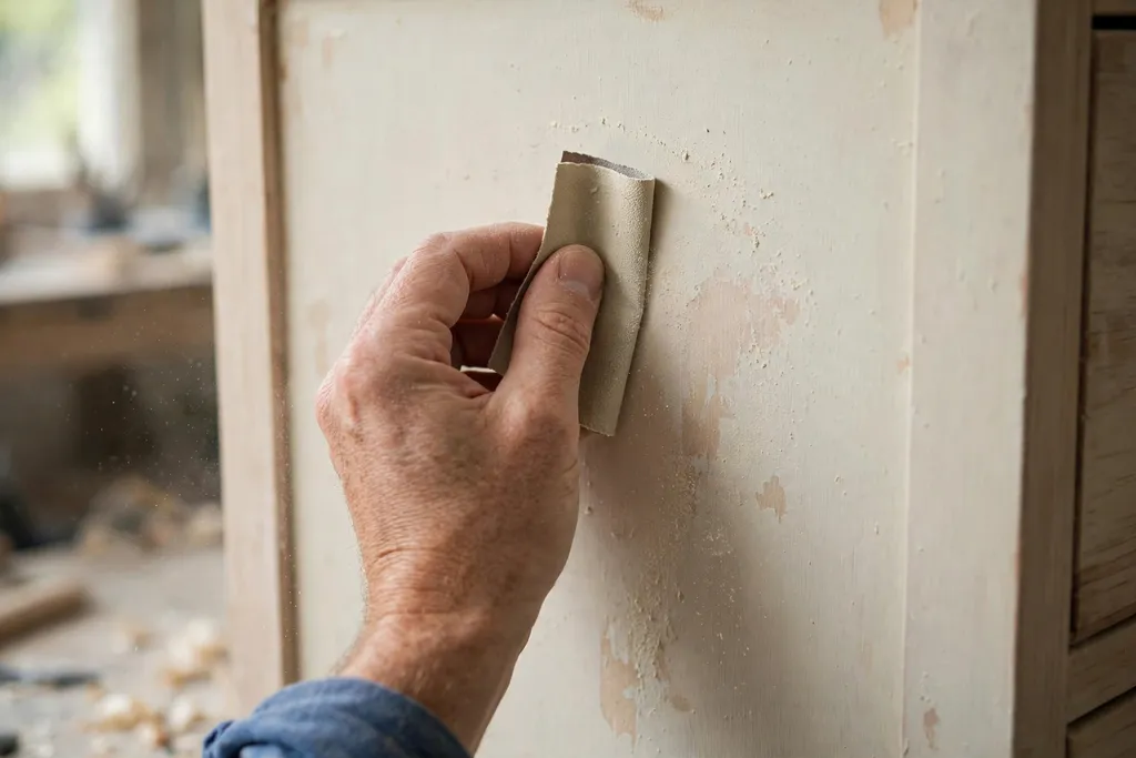 Hands sanding a dried first coat of milk paint lightly with fine sandpaper.