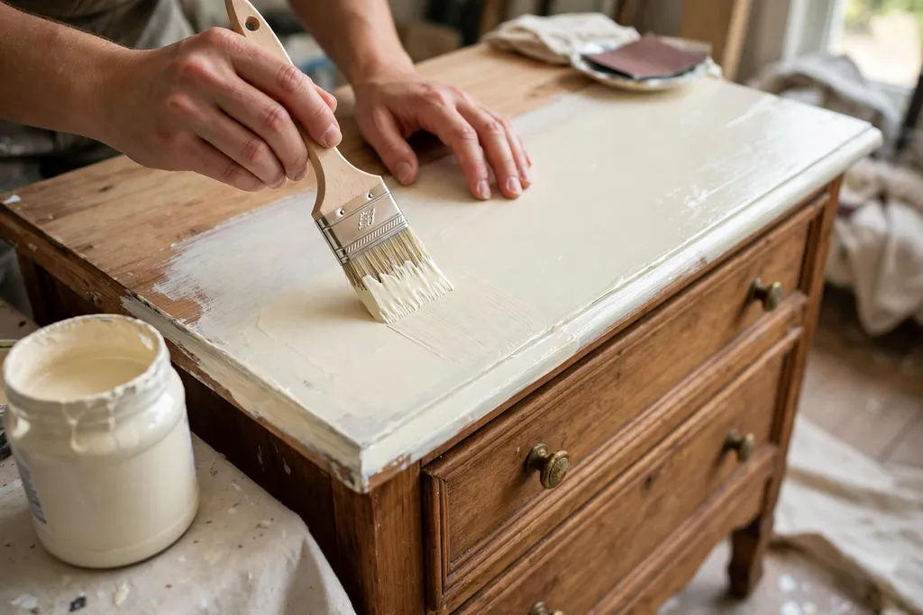 Hands brushing a second thin coat of cream milk paint onto a wooden dresser.