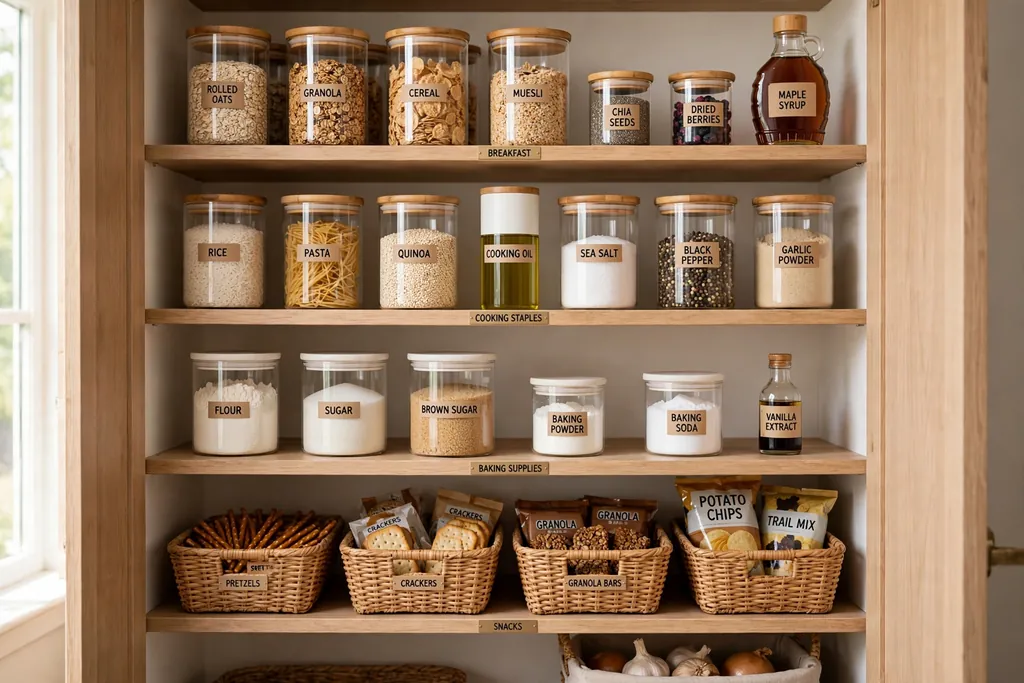 Pantry shelves grouped into zones for breakfast food