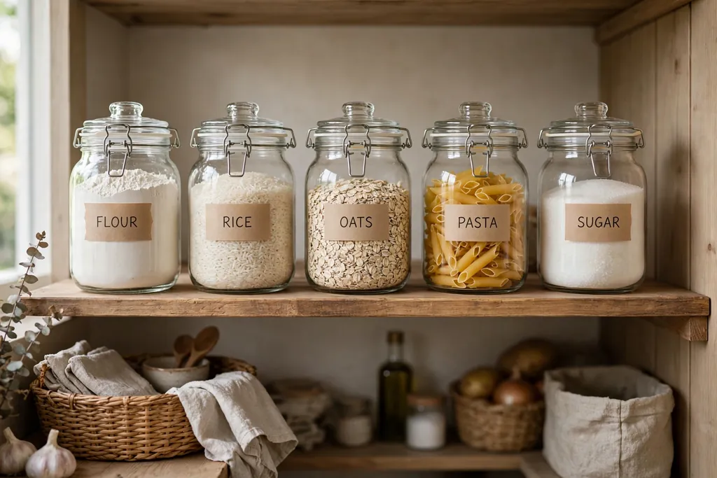 Pantry shelf with matching clear glass jars holding flour