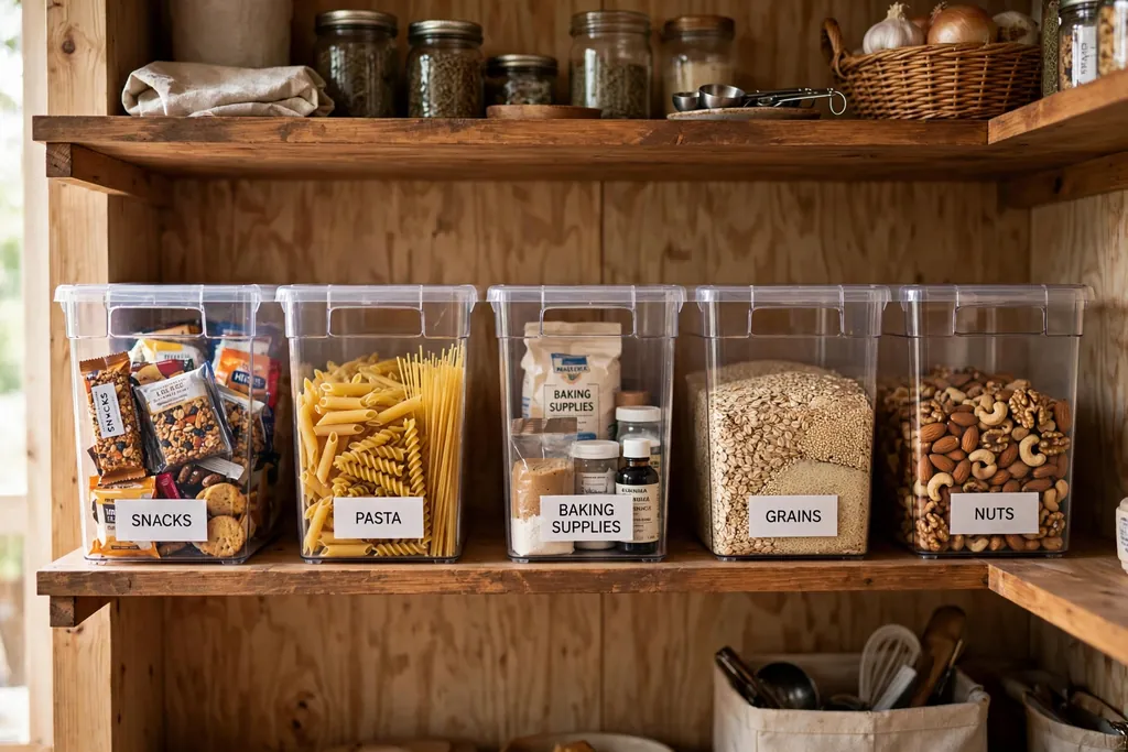 Pantry shelf with clear bins labeled on the front