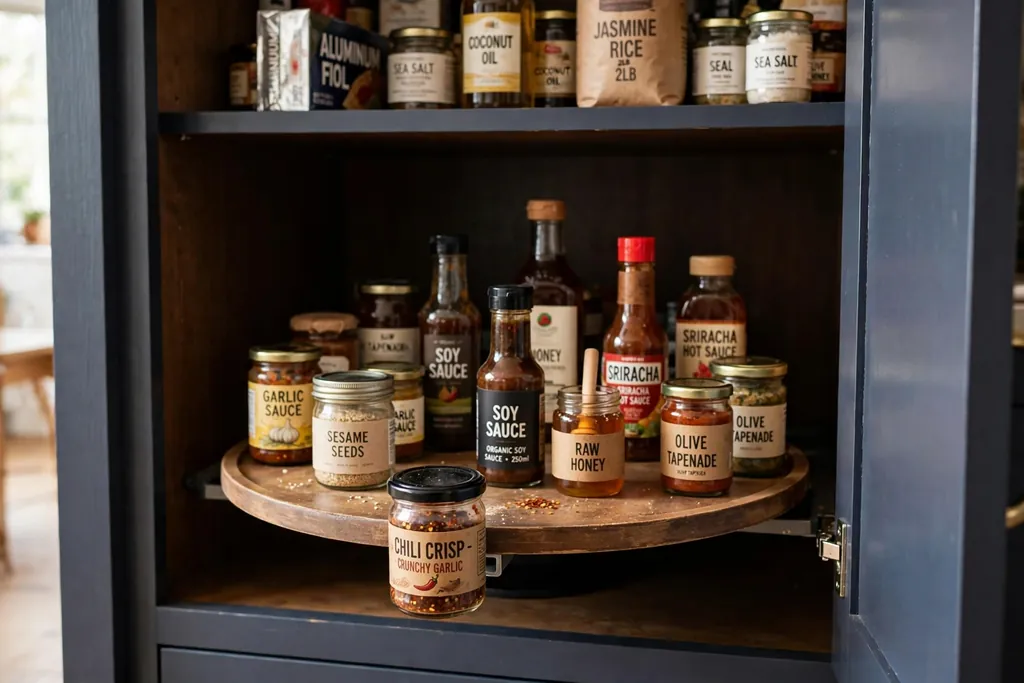 Deep pantry cabinet with a round turntable shelf holding sauces and small jars.