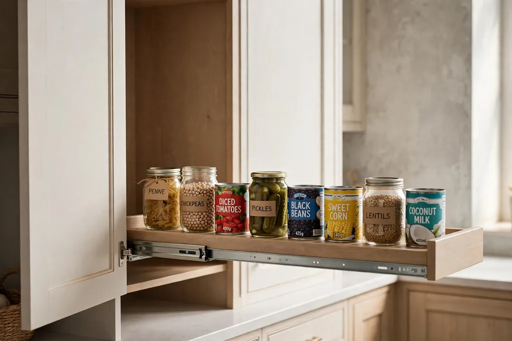 Tall pantry cabinet with a pull-out shelf slid open showing jars and cans in a single row.