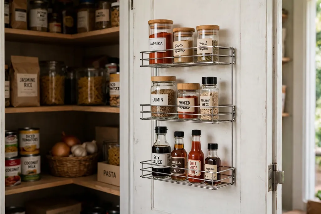 Inside of an open pantry door with a slim wire rack holding spice jars and small bottles.