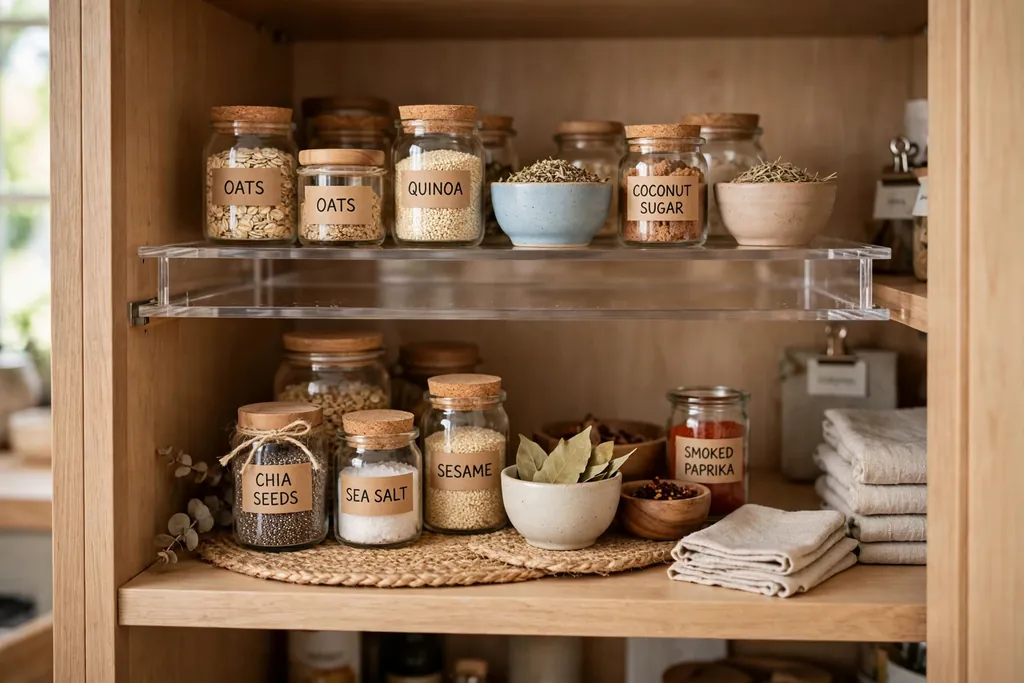 Pantry shelf with stackable shelf risers creating two levels of small jars and bowls.