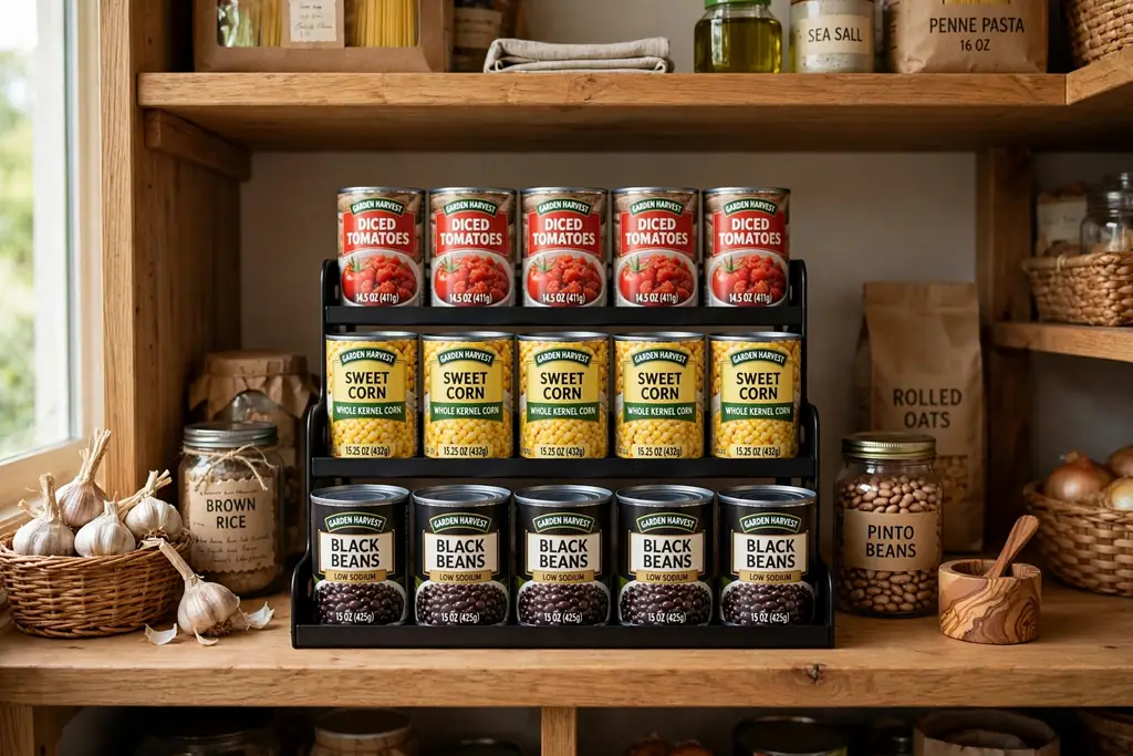 Pantry shelf with a stepped can organizer holding rows of canned food with labels facing forward.