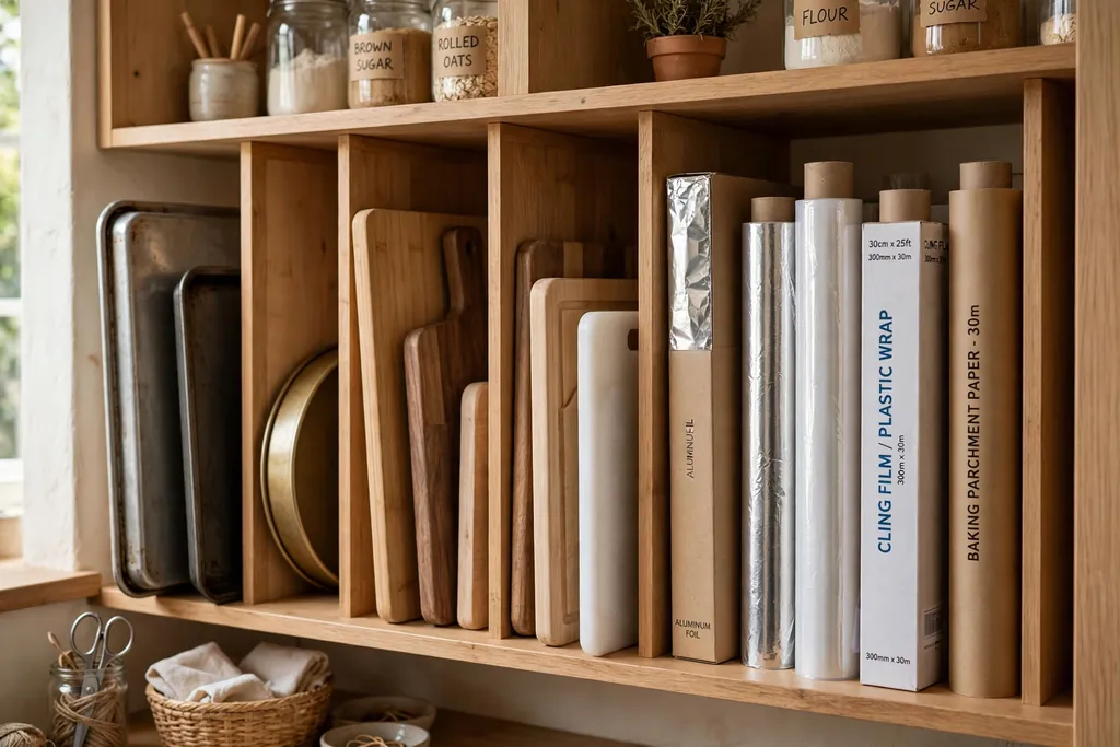 Pantry shelf with vertical dividers holding baking trays