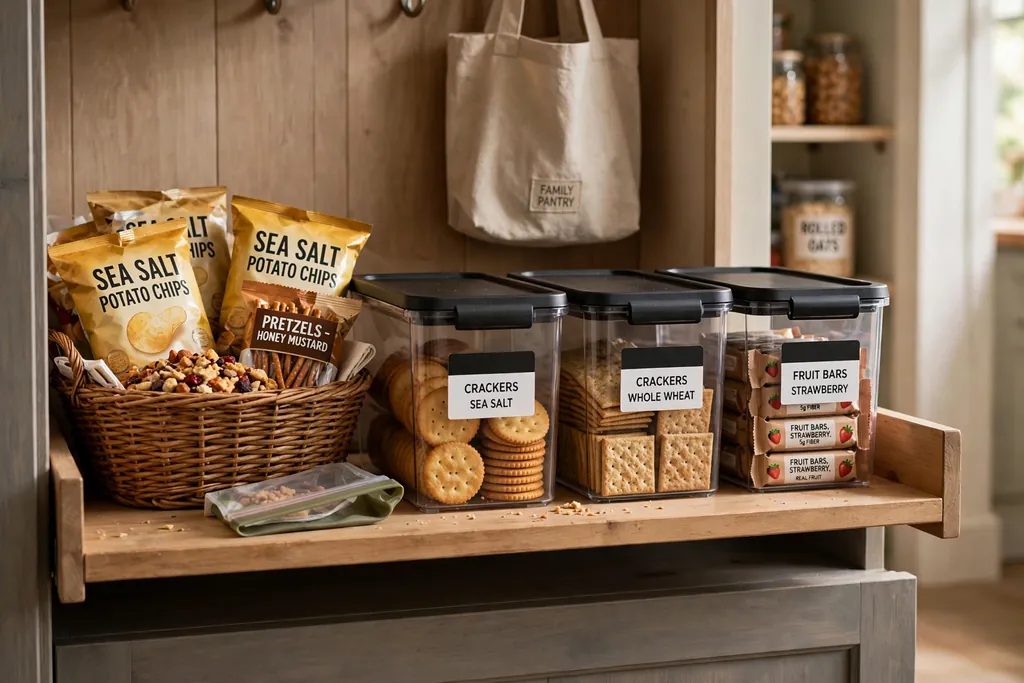 Low pantry shelf at easy reach height with a basket of snacks and small bins of crackers and fruit bars.