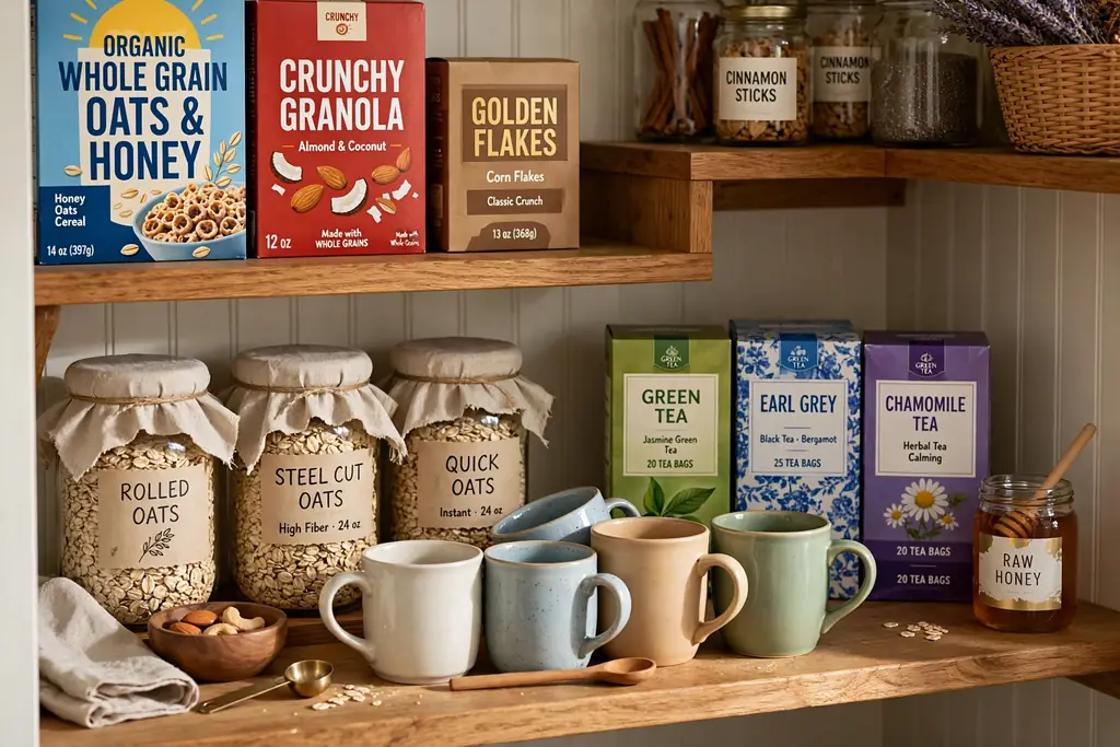 Pantry shelf set up as a breakfast station with cereal boxes