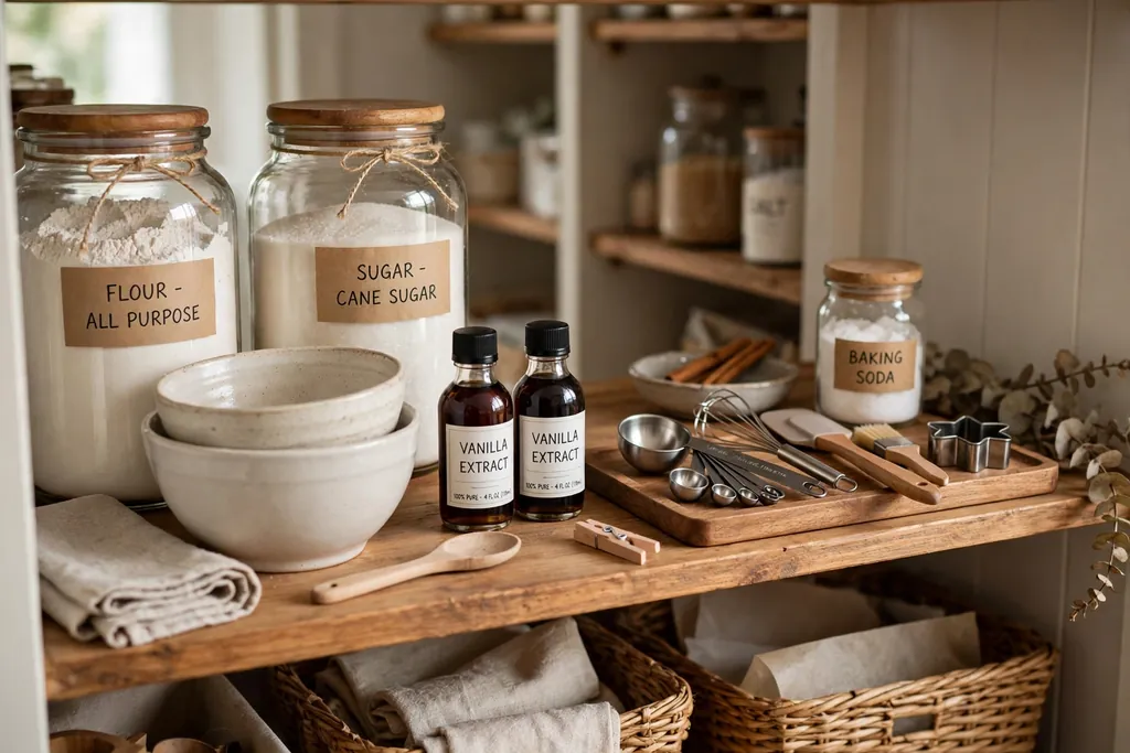 Pantry shelf set up as a baking zone with flour and sugar jars
