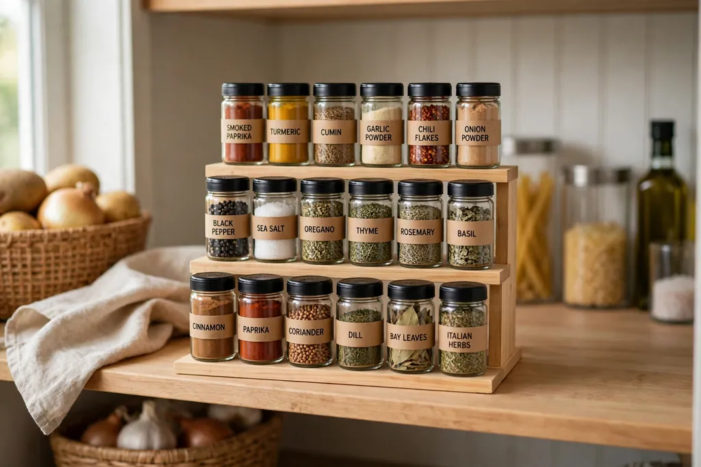 Small tiered spice rack on a pantry shelf holding matching spice jars in neat rows.