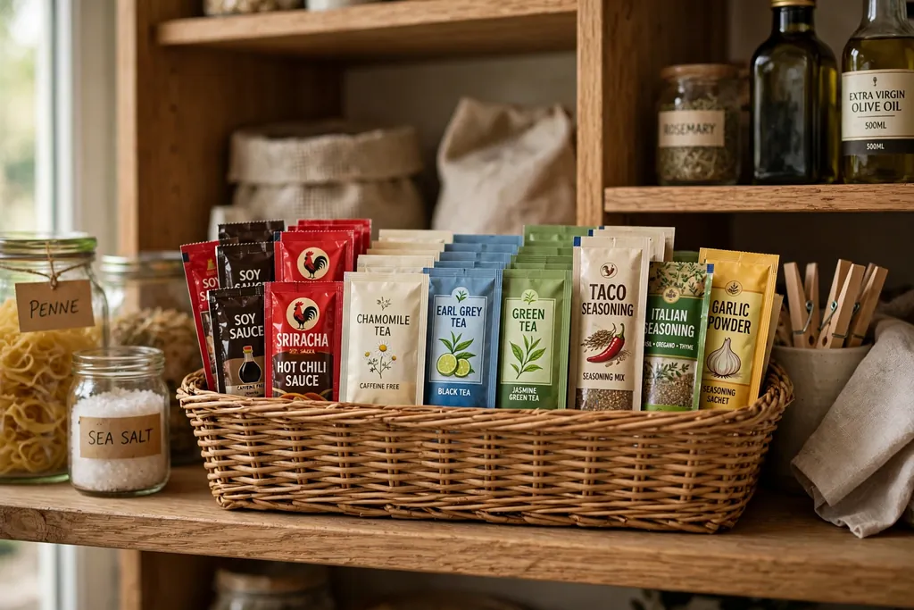 Pantry shelf with a woven basket holding small sauce packets