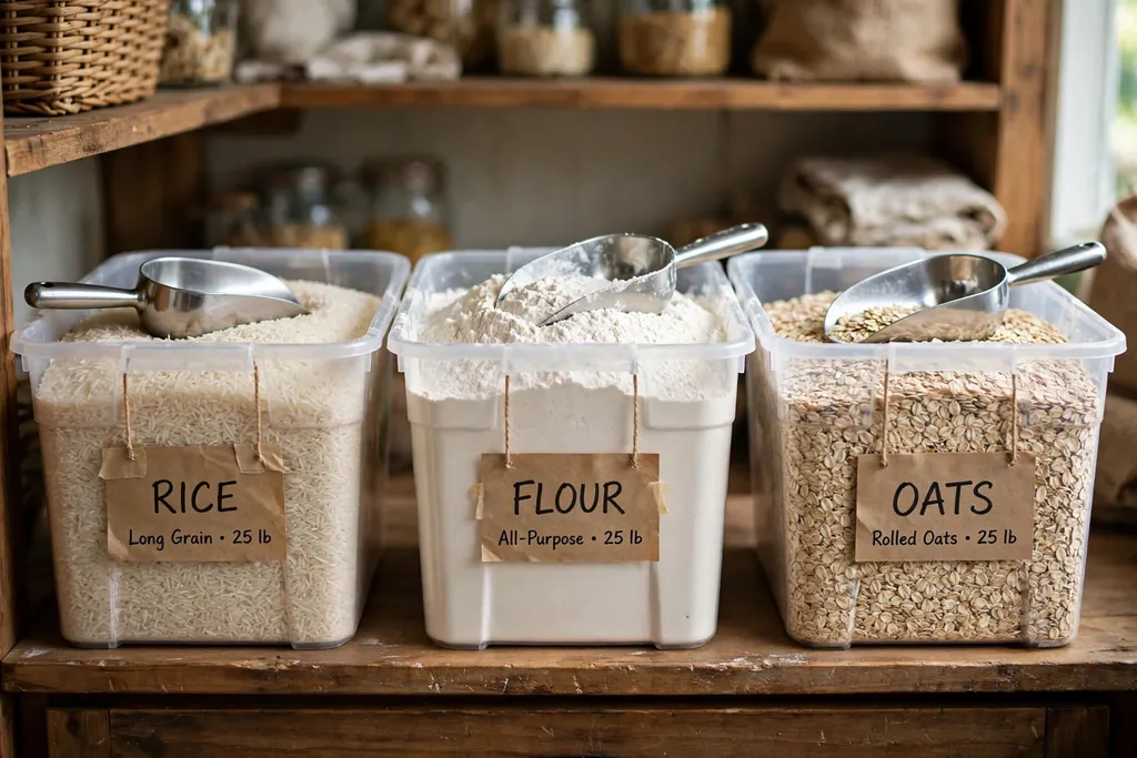 Lower pantry shelf with large bulk food bins holding rice