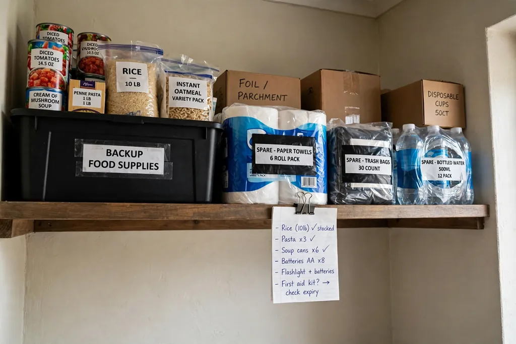 High pantry shelf holding spare store packs in a labeled bin with a small paper list clipped to the shelf edge.