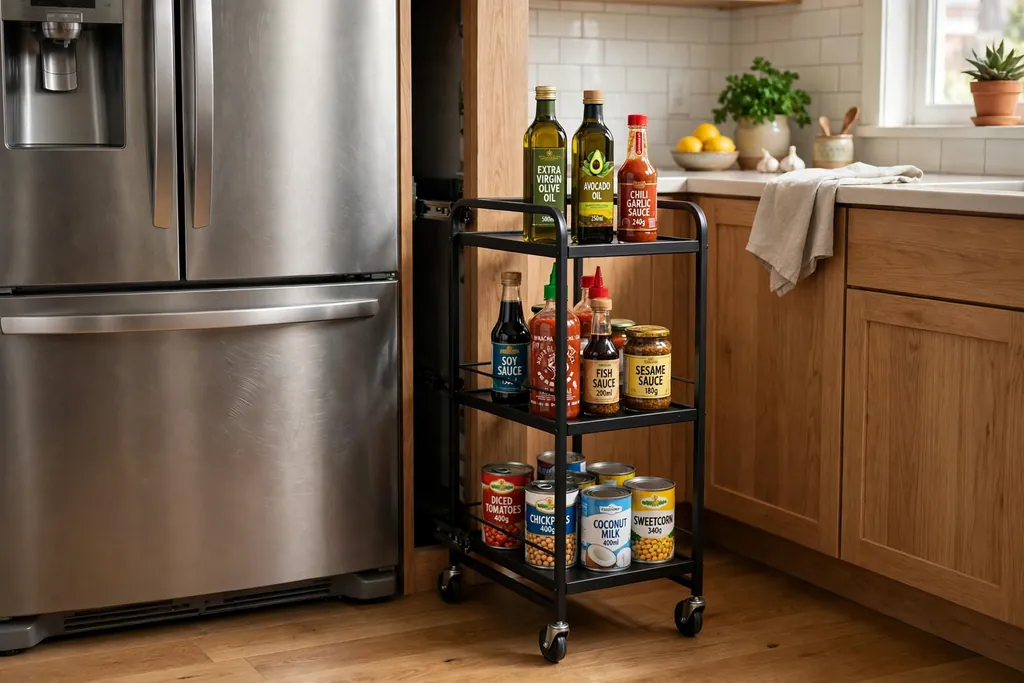 Slim rolling cart pulled out from a narrow gap beside a fridge