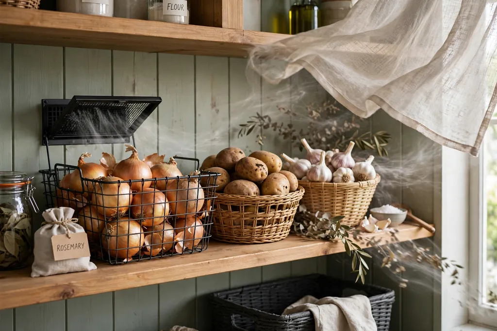 Pantry shelf with open wire and woven baskets holding onions