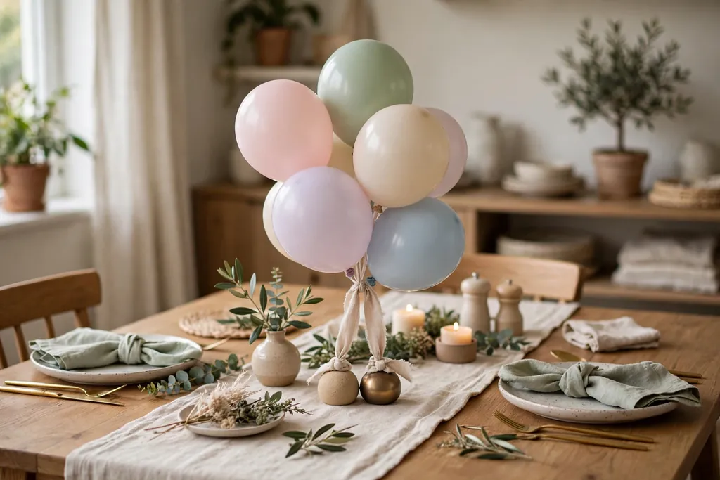 Small cluster of balloons in soft colors on weights at the center of a party dining table.