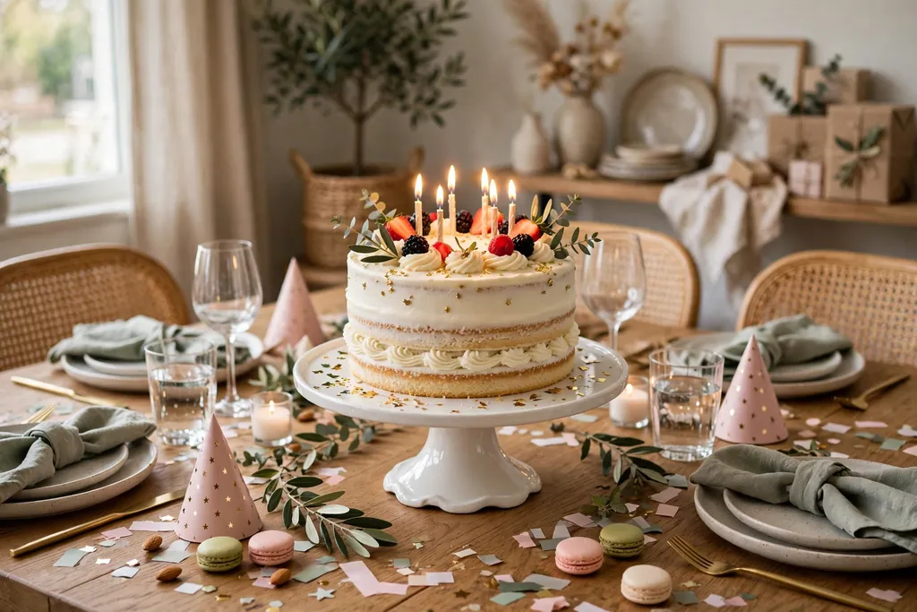 Celebration cake on a raised stand at the center of a party dining table.