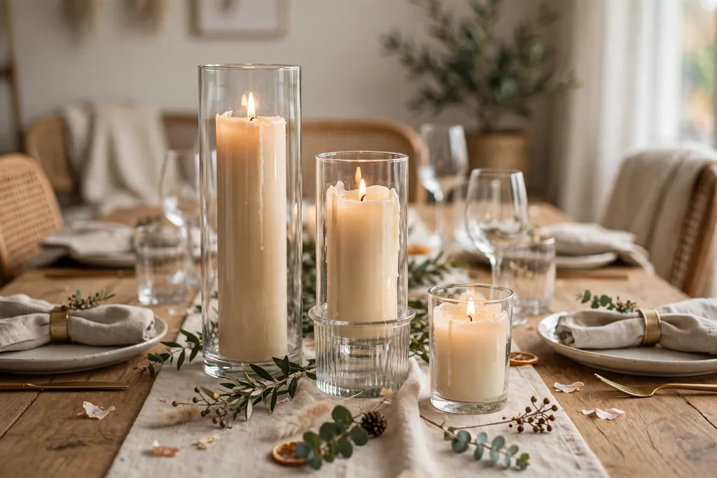 Three candles of different heights in glass holders down the center of a party table.