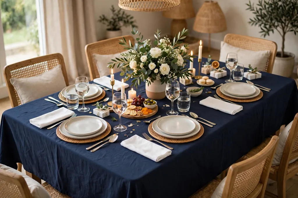 Party table with a plain navy tablecloth and contrasting white napkins.