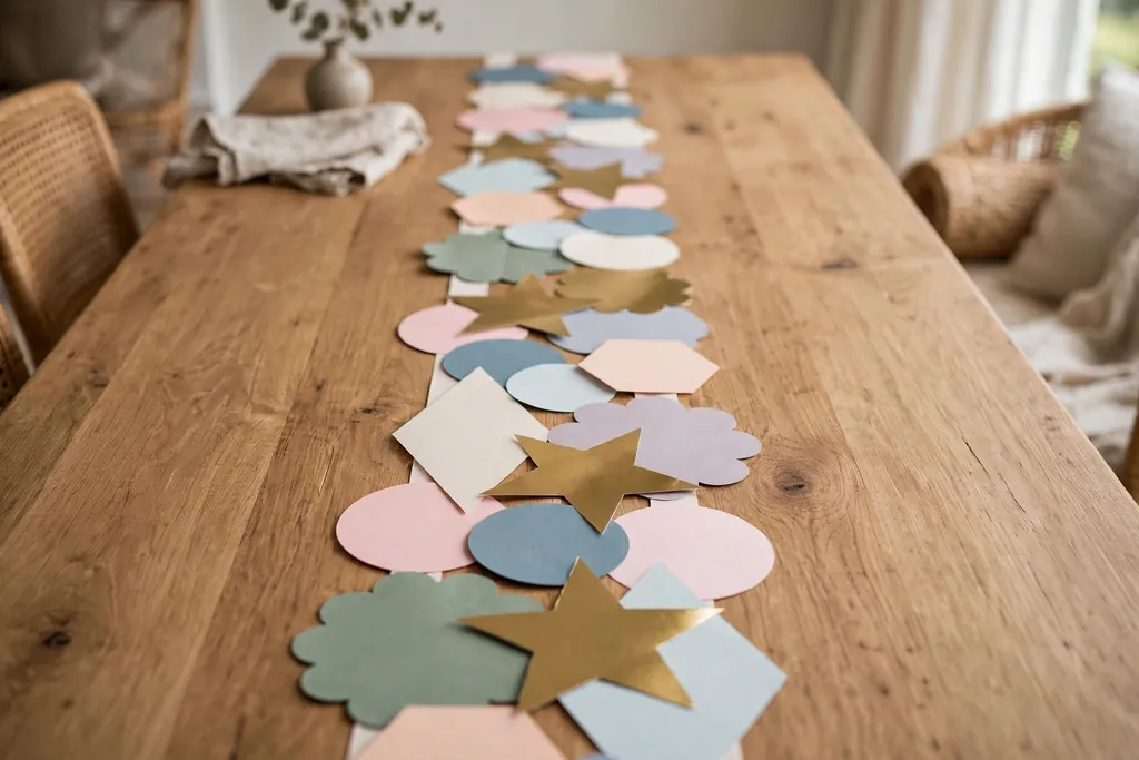 Narrow band of large paper confetti shapes along the center of a party table, clear of plates.