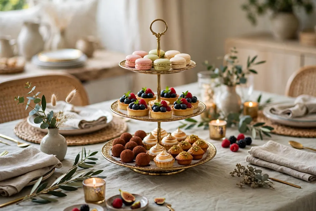 Tiered dessert stand with small desserts at the center of a party table.
