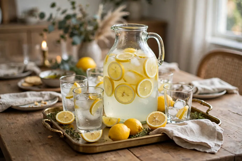 Drink station tray at the end of a party table with a jug, glasses, and lemon slices.