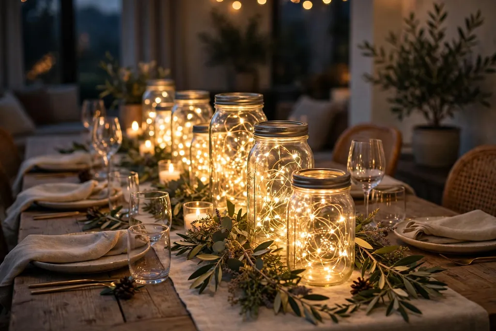 Glass jars with warm fairy lights down the center of an evening party table.
