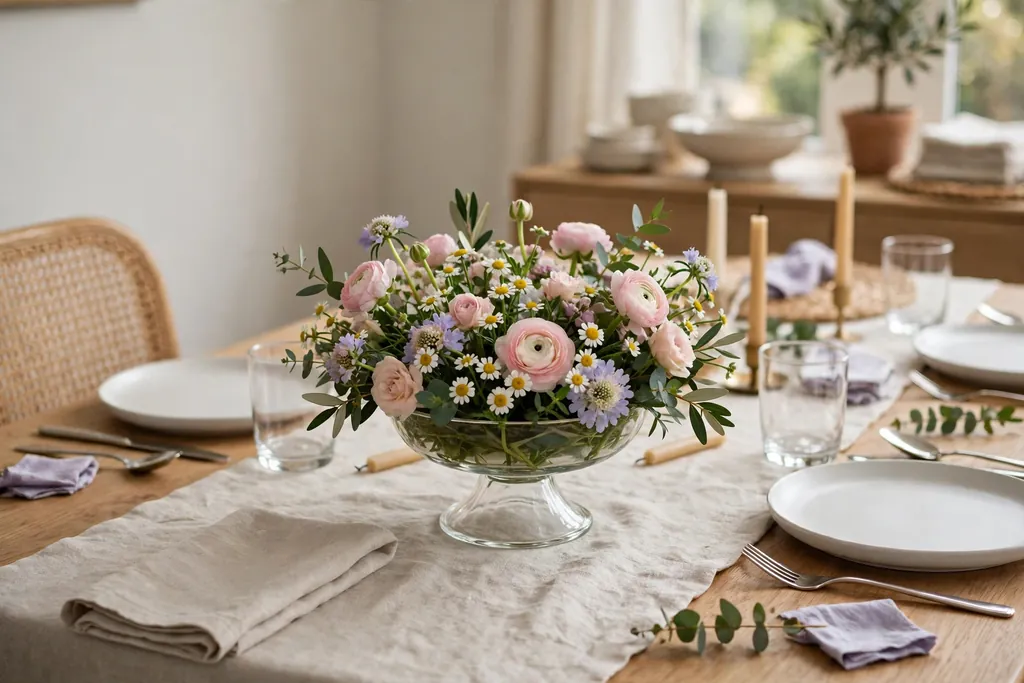 Low compote bowl of short fresh flowers on a party dining table with plain place settings.