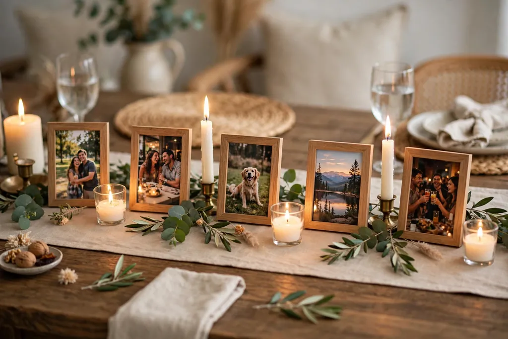 Small framed photos set along the center of a party table between candles.