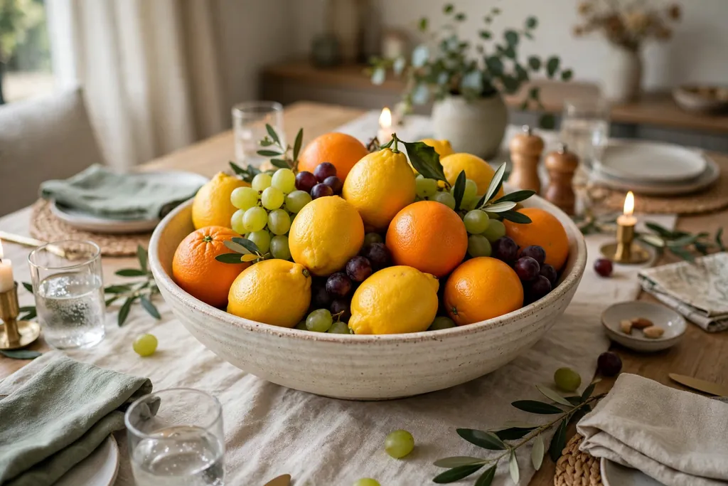 Wide shallow bowl of lemons, oranges, and grapes as a centerpiece on a party table.