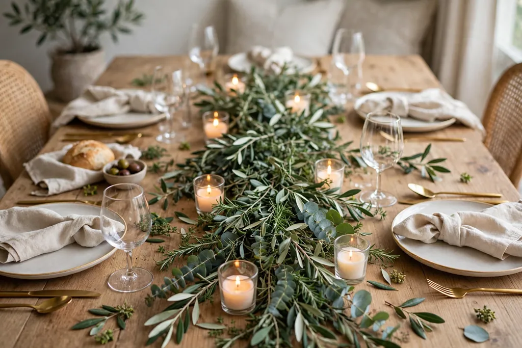 Loose greenery runner down the center of a party dining table with small candles in glass holders.