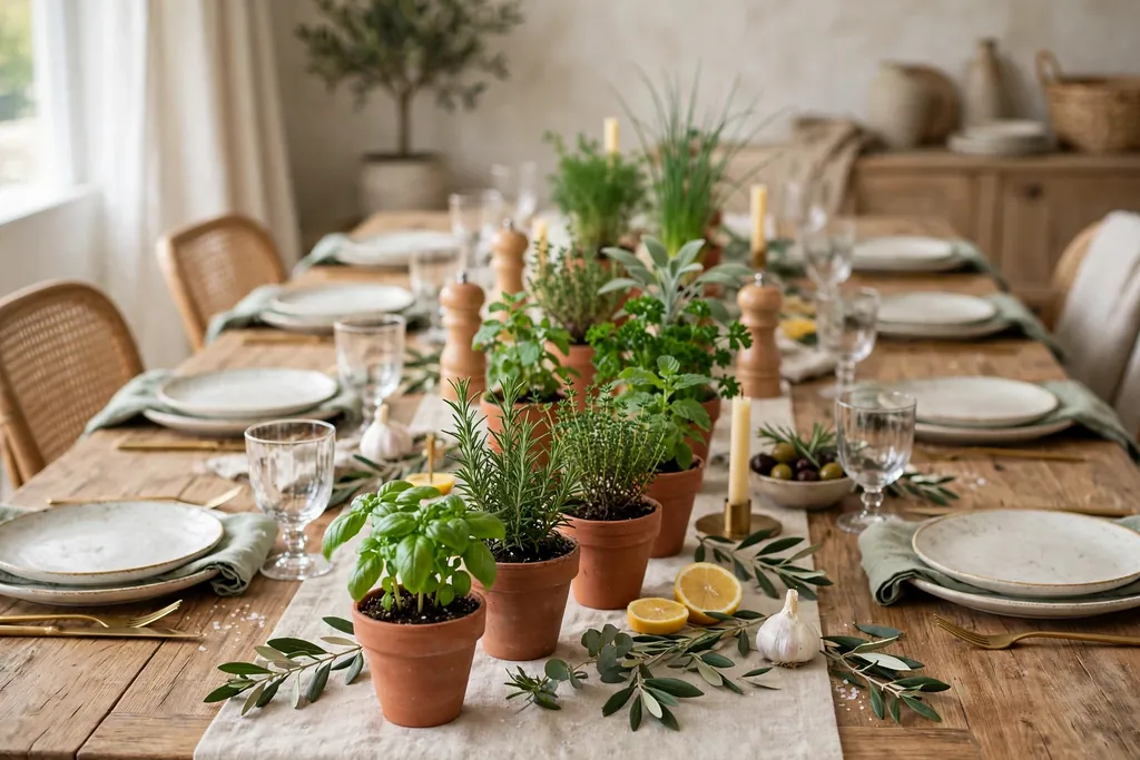 Small potted herbs in terracotta pots down the center of a party table.