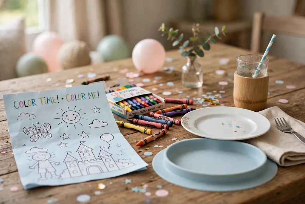 Child place setting with a coloring sheet and crayons beside a plate on a party table.