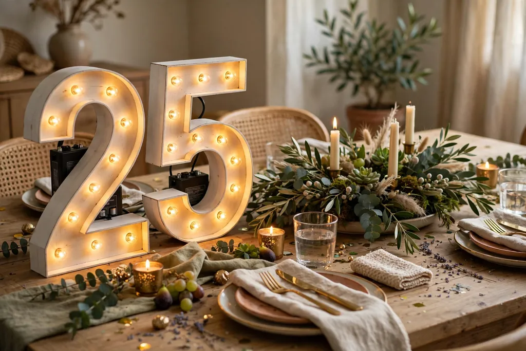 Battery lit marquee numbers on a party table beside a low centerpiece.