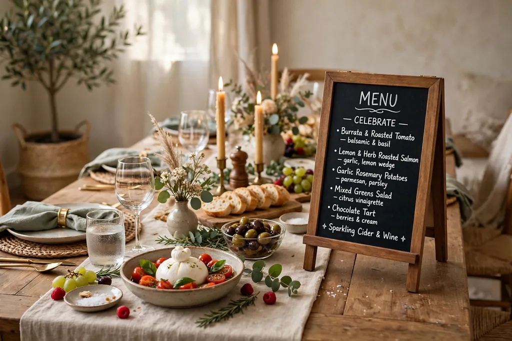 Handwritten menu sign on a small stand at the end of a party table.