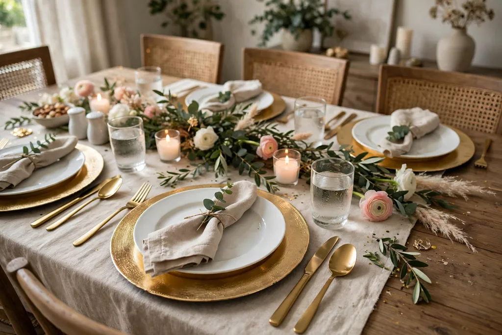 Gold metallic chargers under everyday white plates on a party dining table.